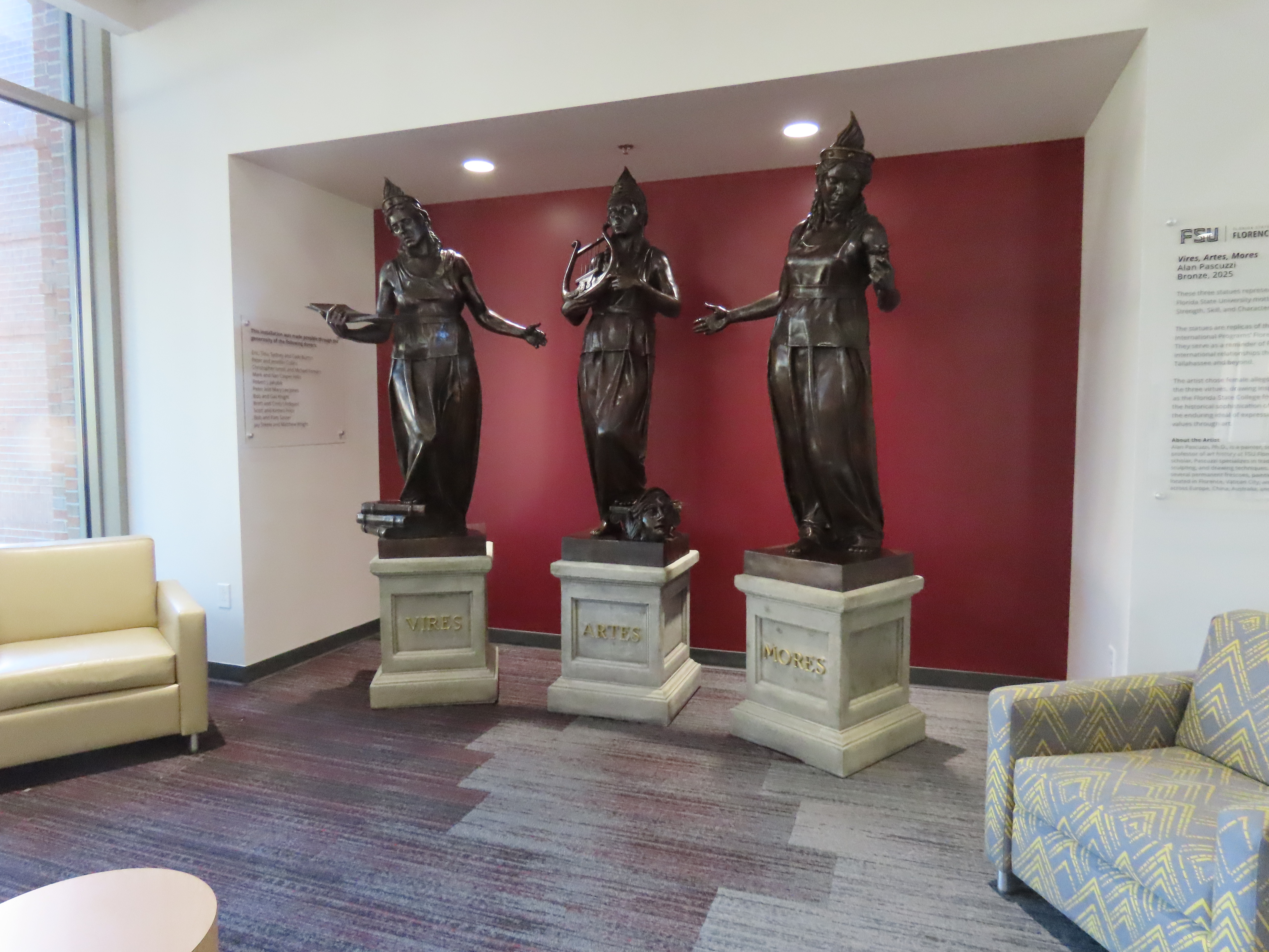 From left to right, Vires, Artes and Mores, in the FSU Student Union, created by Dr. Alan Pascuzzi, 2025